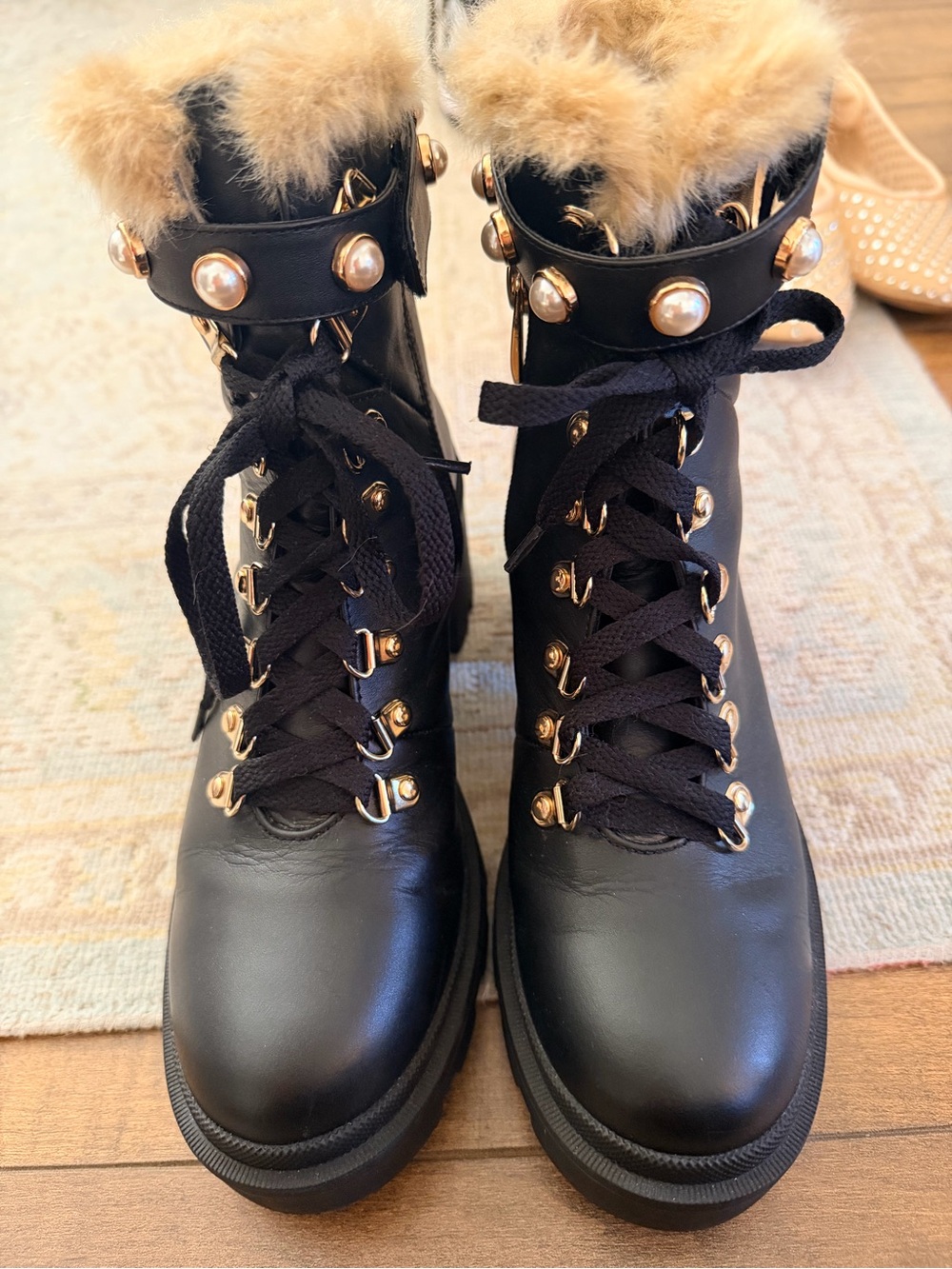 Neiman Marcus Black Lace-Up Faux Fur Trim Combat Booties with Gold Accents
